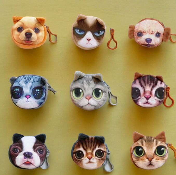 SobPai 3D Cat/Dog Face Coin Purse - Cute Plush Zipper Wallet for Kids and Adults, Animal Design Small Makeup Bag and Storage Pouch