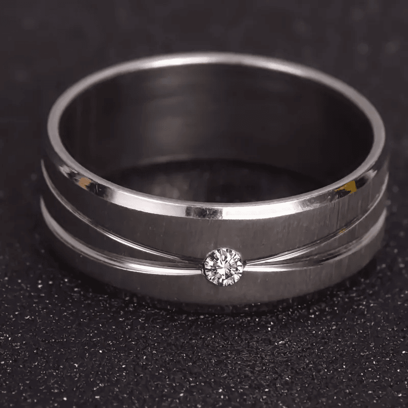 SobPai Unisex Brushed Steel Ring with Laser Cut Design and Cubic Zirconia Crystal ? Men's and Women's Wedding Band - Image 3