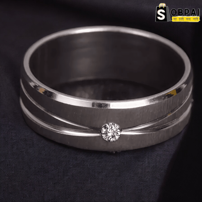 SobPai Unisex Brushed Steel Ring with Laser Cut Design and Cubic Zirconia Crystal ? Men's and Women's Wedding Band - Image 2