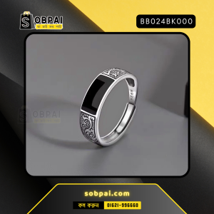 Sterling Silver Men's Ring front view with black gem